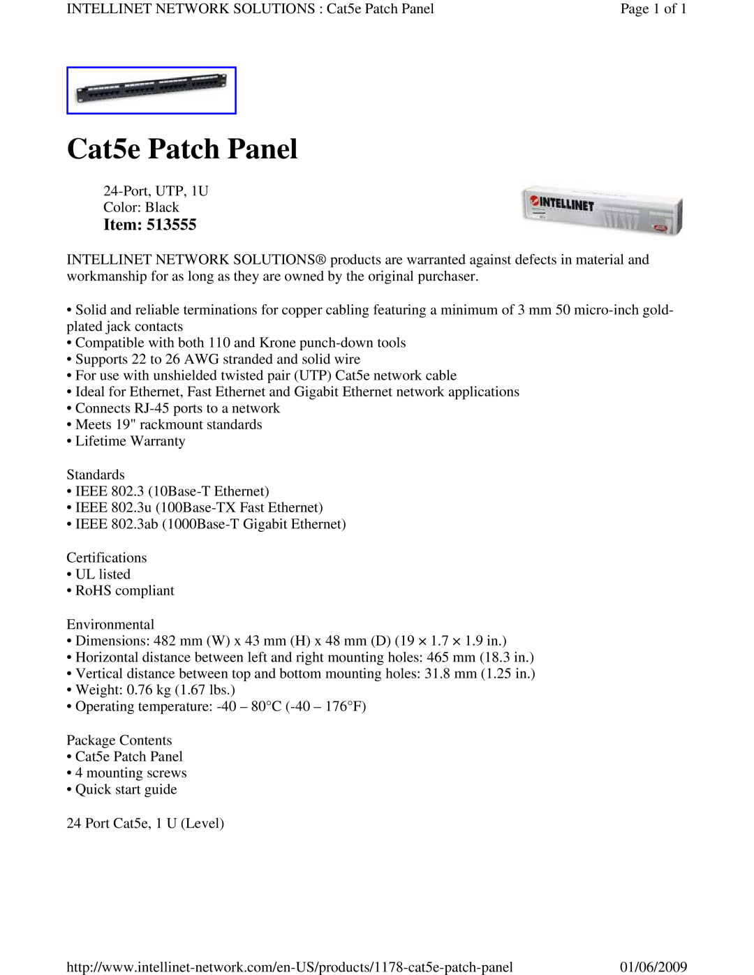 Intellinet Network Solutions ICI513555 warranty Cat5e Patch Panel 