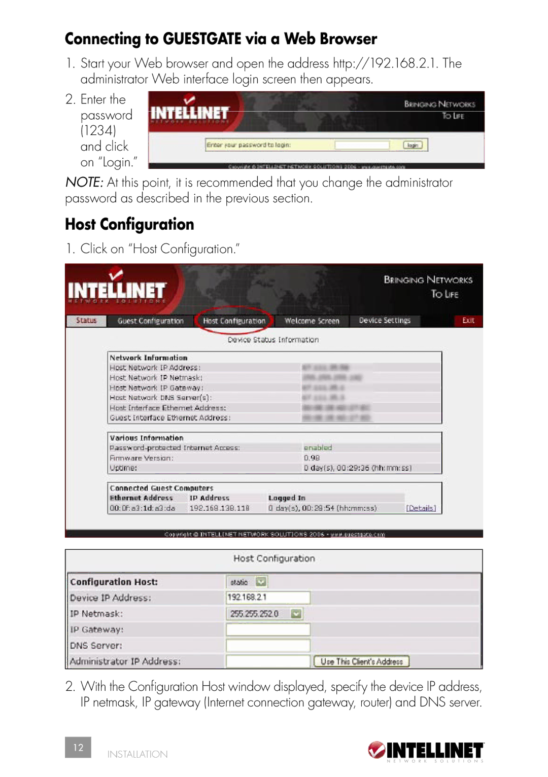 Intellinet Network Solutions INT-523240-UM-0606-02 user manual Connecting to Guestgate via a Web Browser, Host Conﬁguration 