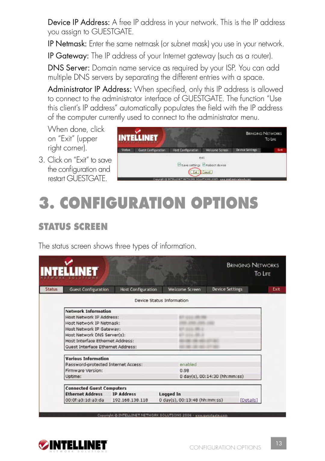 Intellinet Network Solutions INT-523240-UM-0606-02 user manual Configuration Options, Status Screen 