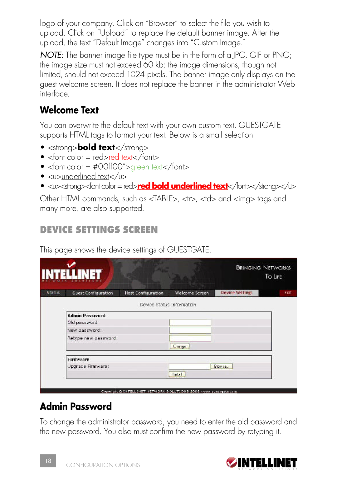 Intellinet Network Solutions INT-523240-UM-0606-02 user manual Welcome Text, Device Settings Screen, Admin Password 