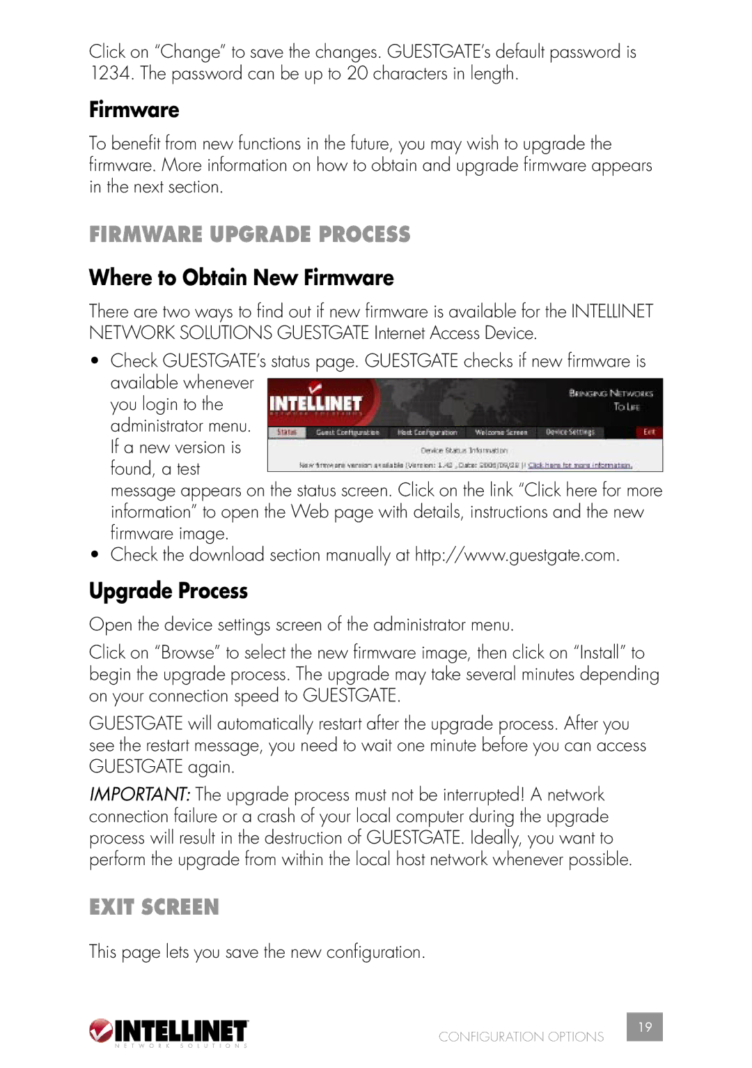 Intellinet Network Solutions 523240 user manual Firmware Upgrade Process, Where to Obtain New Firmware, Exit Screen 