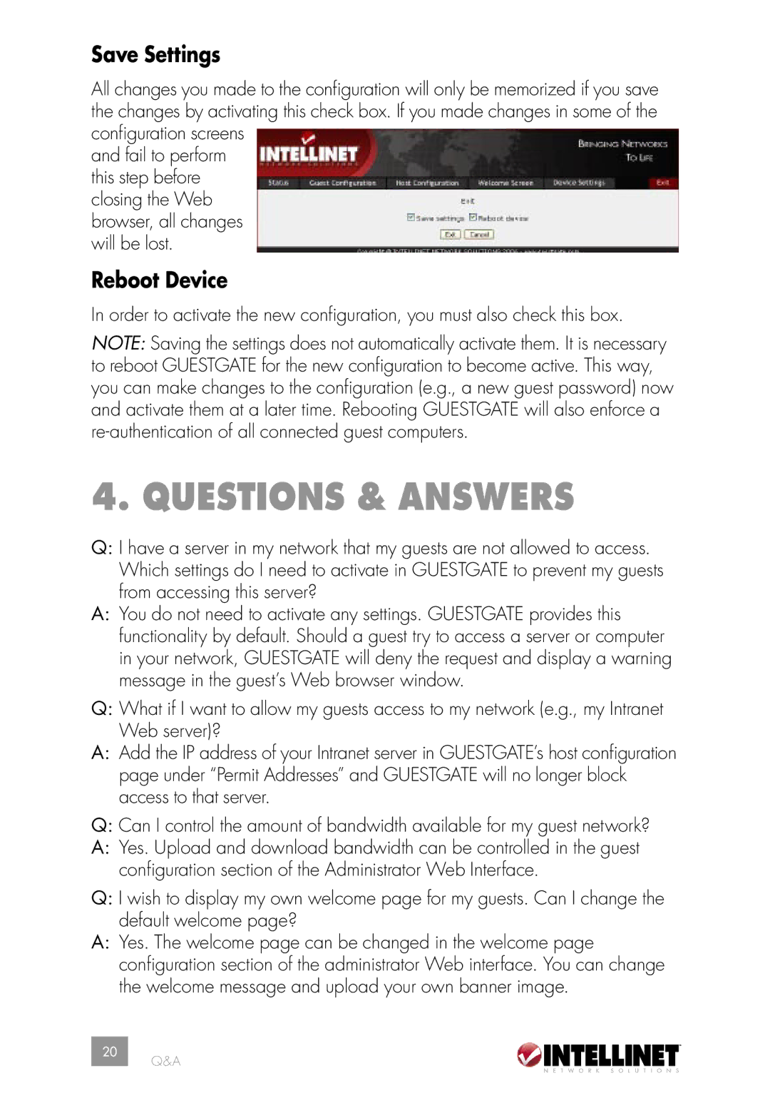 Intellinet Network Solutions INT-523240-UM-0606-02 user manual Questions & Answers, Save Settings, Reboot Device 