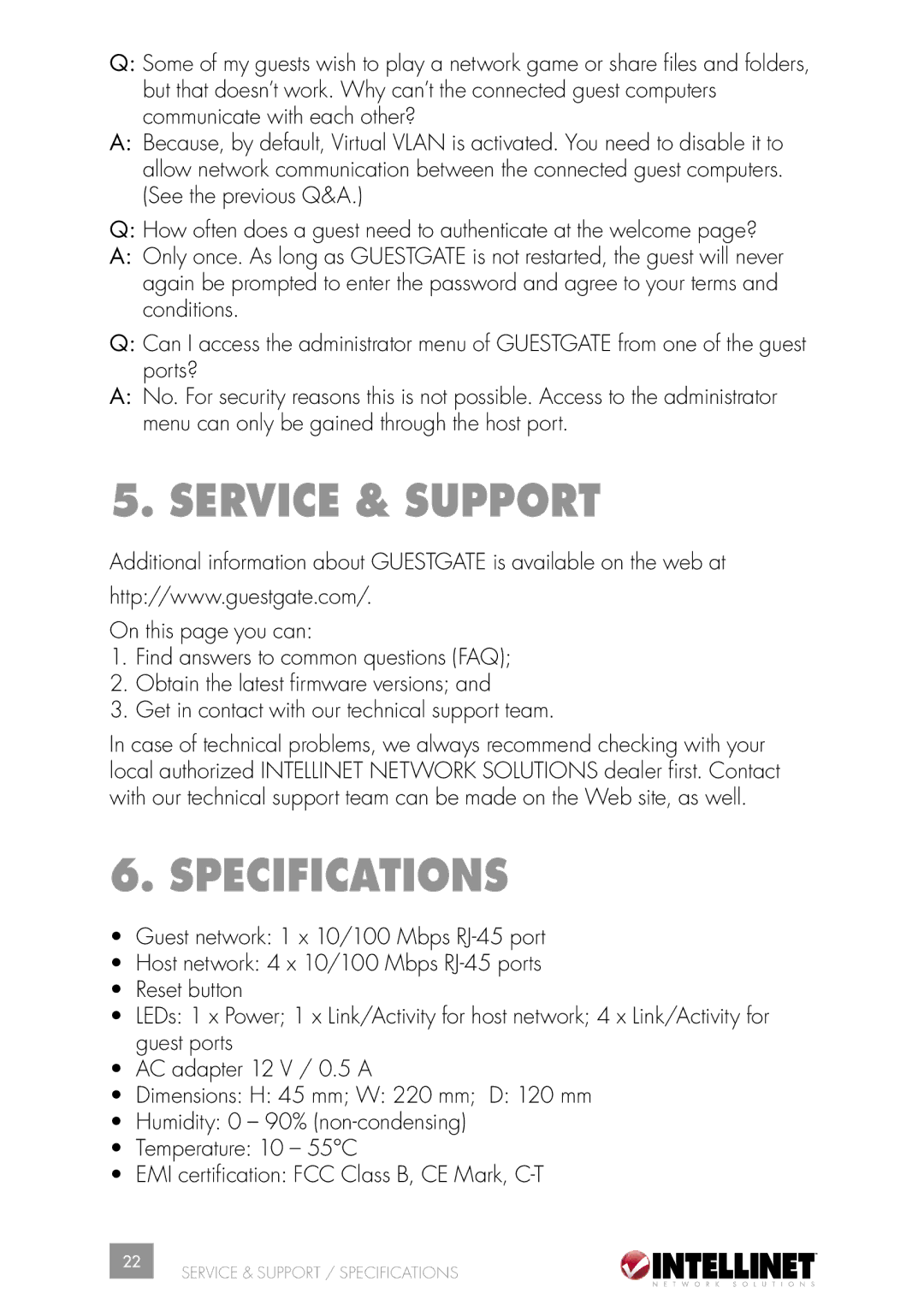 Intellinet Network Solutions INT-523240-UM-0606-02 user manual Service & Support, Specifications 