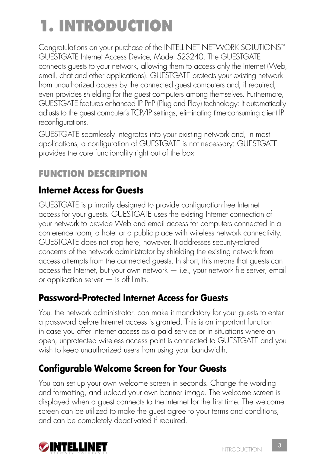 Intellinet Network Solutions INT-523240-UM-0606-02 Introduction, Function Description, Internet Access for Guests 