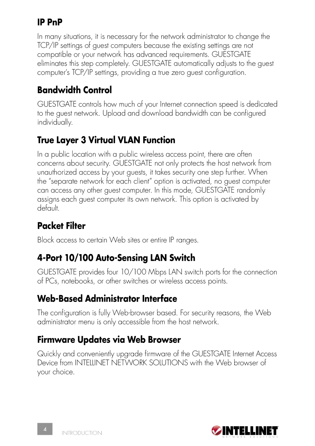 Intellinet Network Solutions INT-523240-UM-0606-02 IP PnP, Bandwidth Control, True Layer 3 Virtual Vlan Function 