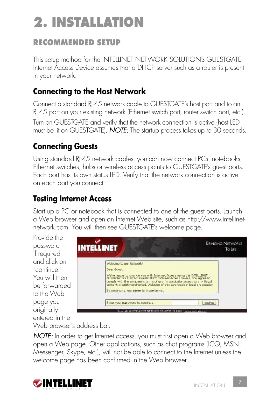 Intellinet Network Solutions 523240 Installation, Recommended Setup, Connecting to the Host Network, Connecting Guests 