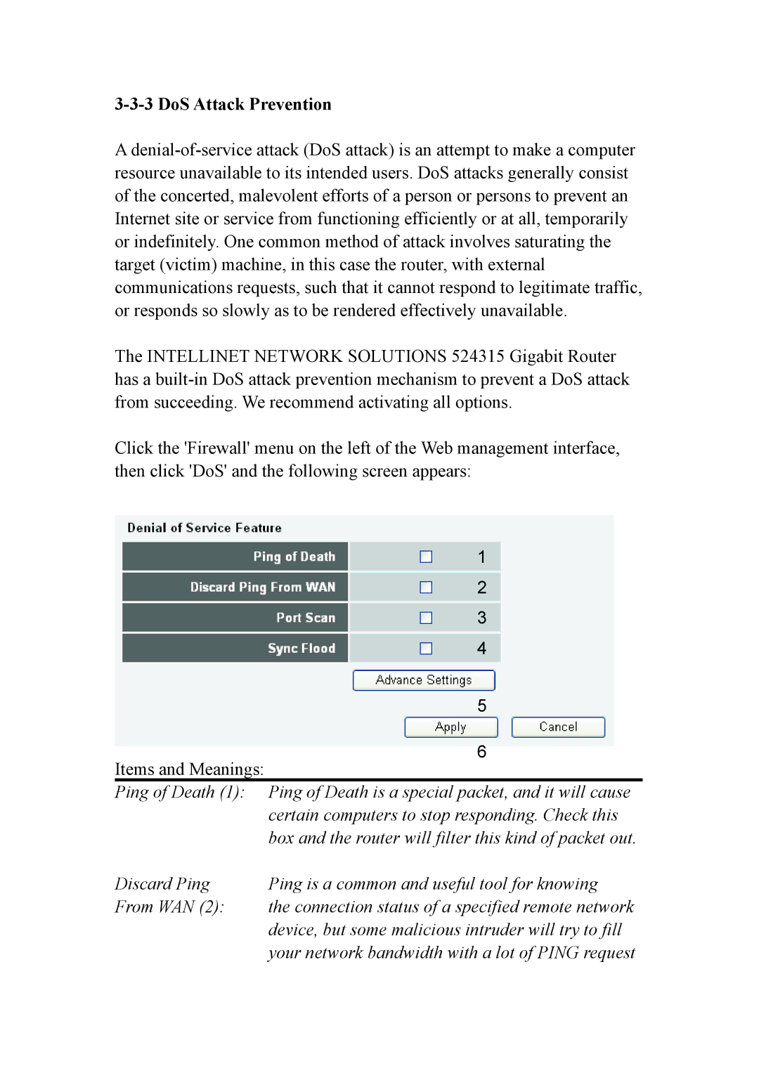 Intellinet Network Solutions INT-524315-UM-0808-1 user manual DoS Attack Prevention 