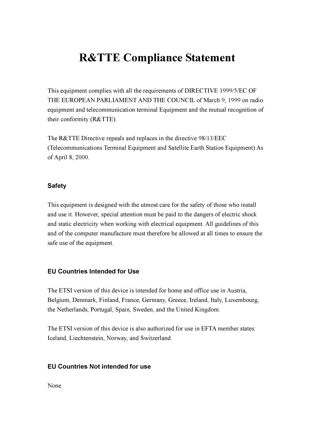 Intellinet Network Solutions INT-524315-UM-0808-1 user manual TTE Compliance Statement 