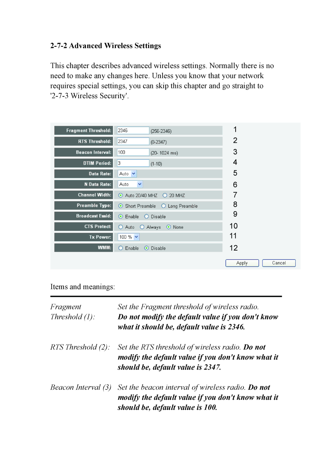 Intellinet Network Solutions INT-524315-UM-0808-1 Advanced Wireless Settings, What it should be, default value is 