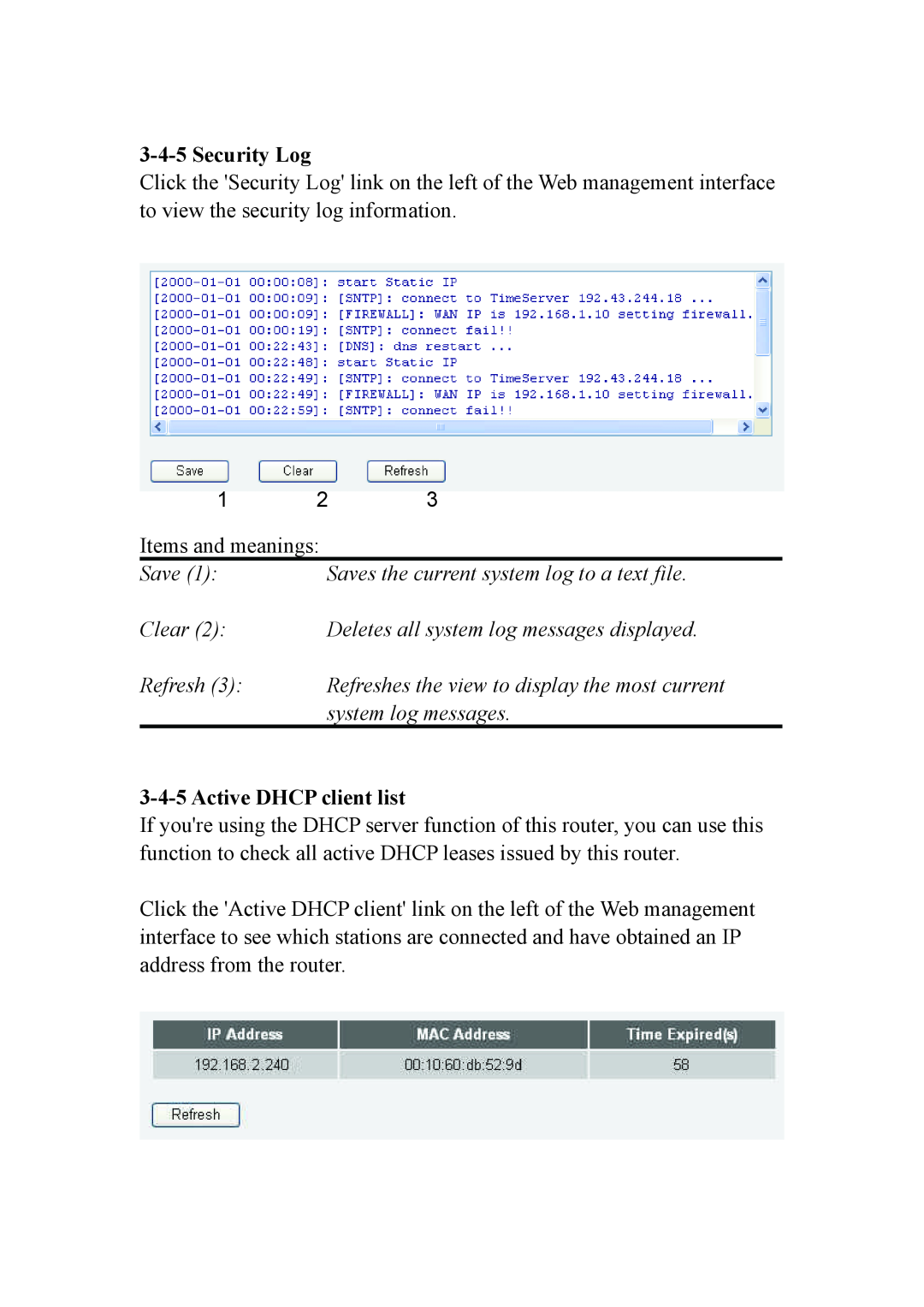 Intellinet Network Solutions INT-524315-UM-0808-1 user manual Security Log, Active DHCP client list 