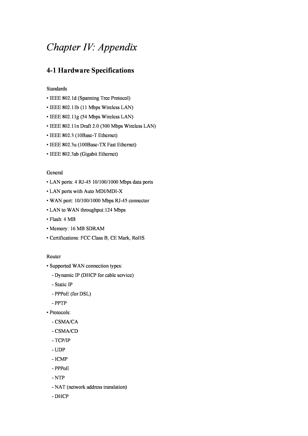 Intellinet Network Solutions INT-524315-UM-0808-1 user manual Chapter IV Appendix, Hardware Specifications 