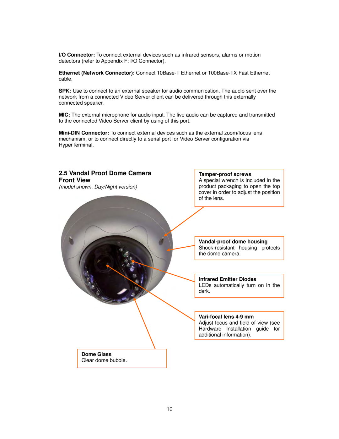 Intellinet Network Solutions INT-PSNC-UM-1106-06 Vandal Proof Dome Camera Front View, Dome Glass, Tamper-proof screws 