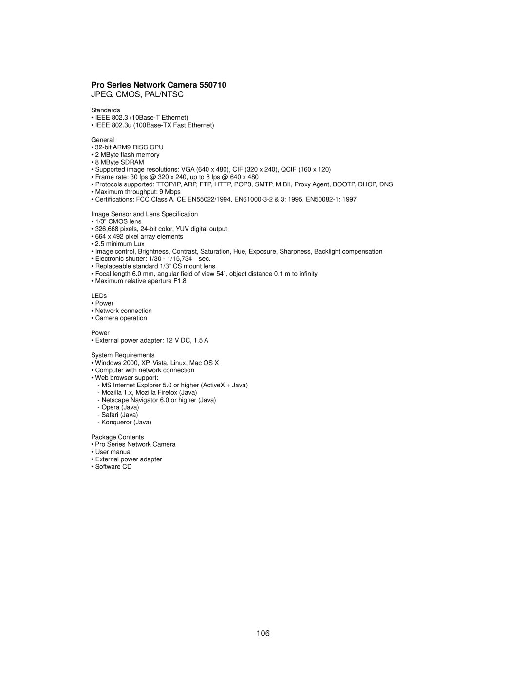 Intellinet Network Solutions INT-PSNC-UM-1106-06 user manual Jpeg, Cmos, Pal/Ntsc 