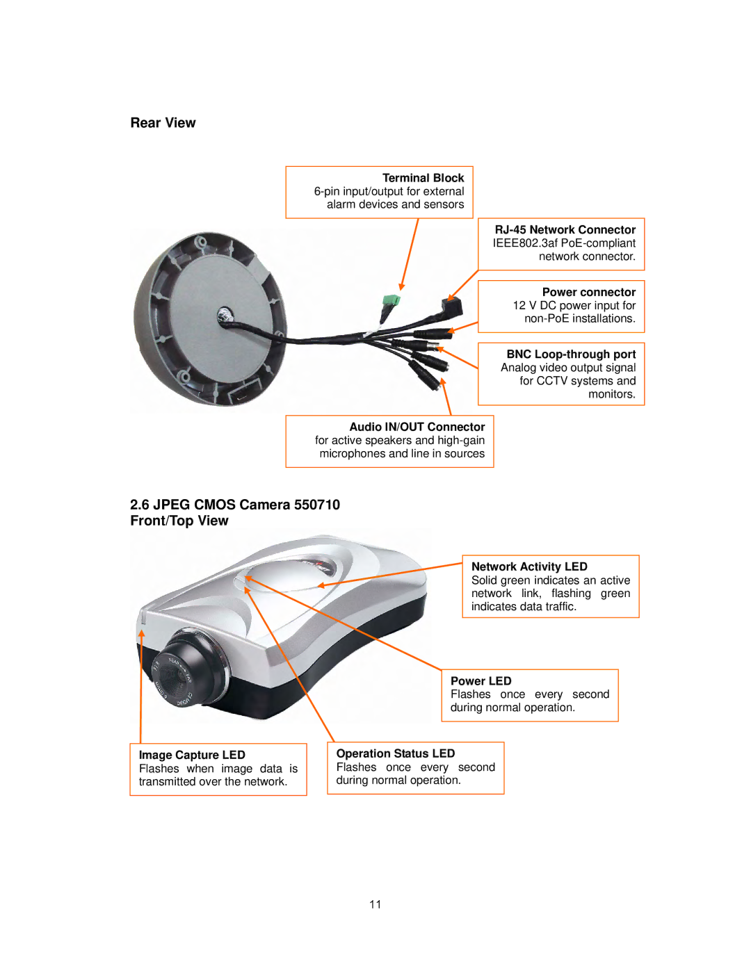 Intellinet Network Solutions INT-PSNC-UM-1106-06 user manual Jpeg Cmos Camera 550710 Front/Top View, Image Capture LED 