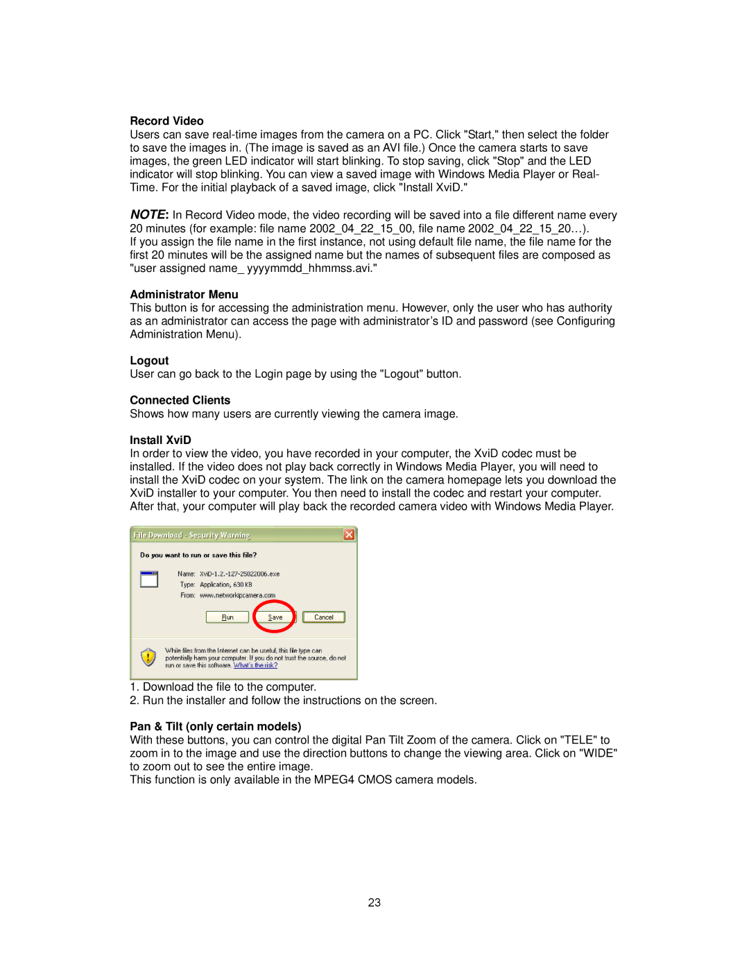 Intellinet Network Solutions INT-PSNC-UM-1106-06 Record Video, Administrator Menu, Logout, Connected Clients, Install XviD 