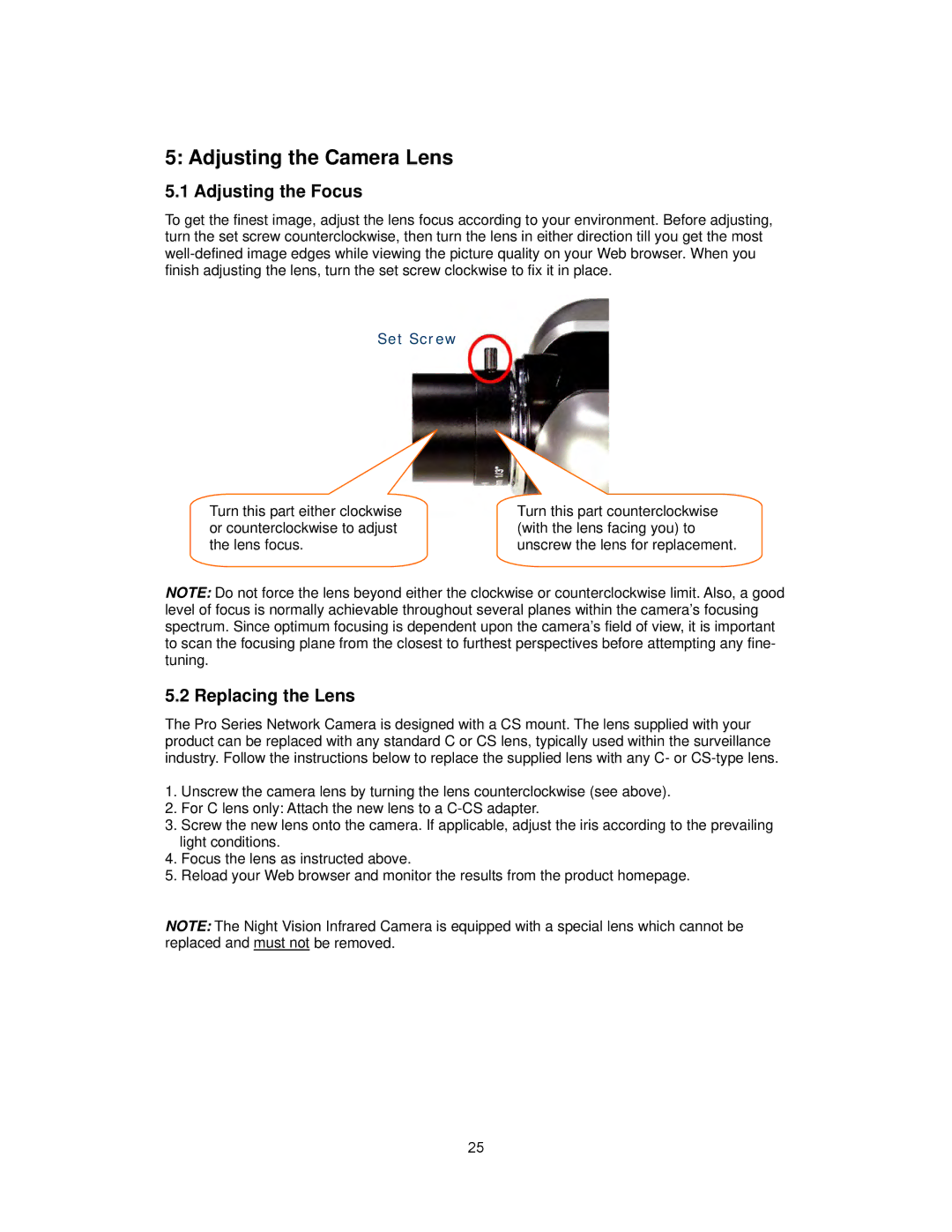 Intellinet Network Solutions INT-PSNC-UM-1106-06 Adjusting the Camera Lens, Adjusting the Focus, Replacing the Lens 