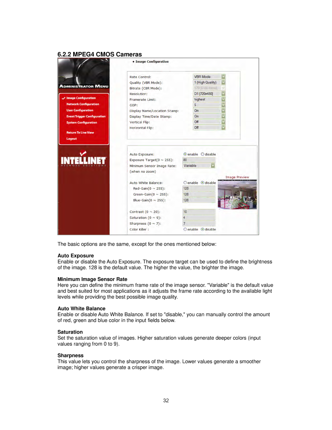 Intellinet Network Solutions INT-PSNC-UM-1106-06 MPEG4 Cmos Cameras, Auto Exposure, Minimum Image Sensor Rate, Sharpness 