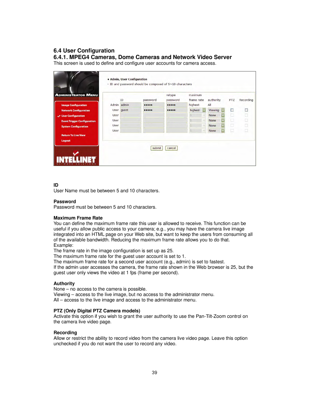 Intellinet Network Solutions INT-PSNC-UM-1106-06 user manual Password, Maximum Frame Rate, Authority, Recording 