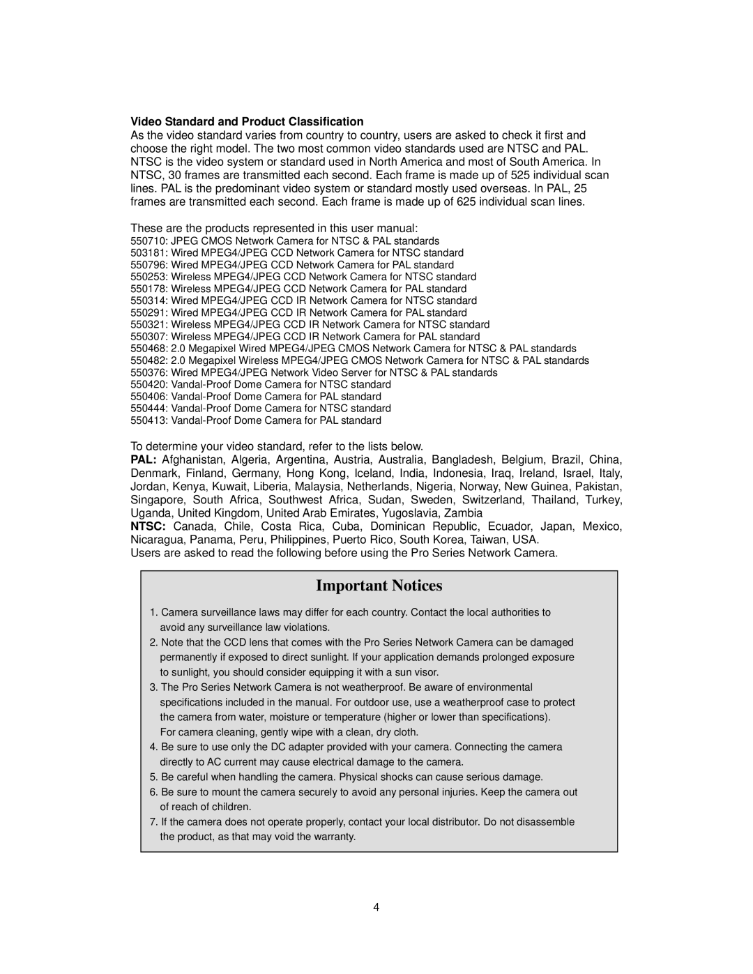 Intellinet Network Solutions INT-PSNC-UM-1106-06 user manual Important Notices, Video Standard and Product Classification 