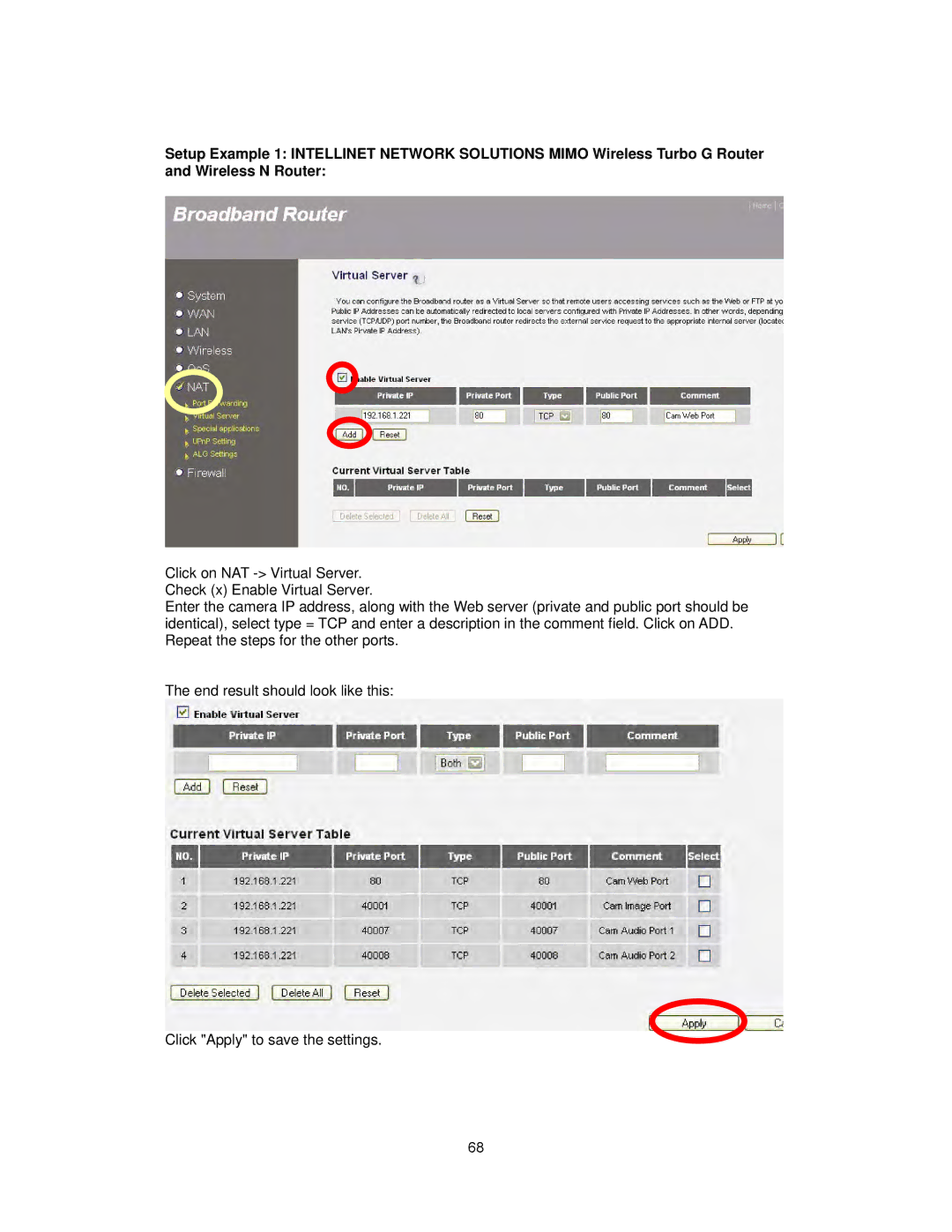 Intellinet Network Solutions INT-PSNC-UM-1106-06 user manual Click on NAT Virtual Server. Check x Enable Virtual Server 