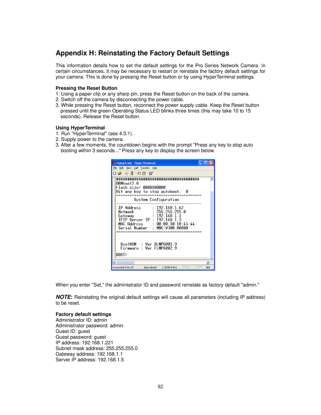 Intellinet Network Solutions INT-PSNC-UM-1106-06 Appendix H Reinstating the Factory Default Settings, Using HyperTerminal 