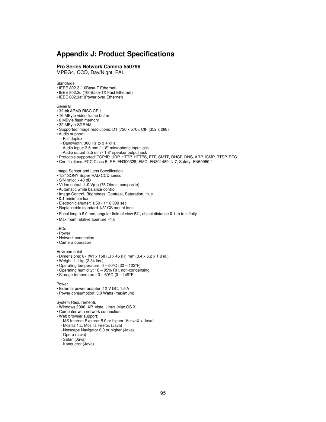 Intellinet Network Solutions INT-PSNC-UM-1106-06 user manual Appendix J Product Specifications, Pro Series Network Camera 