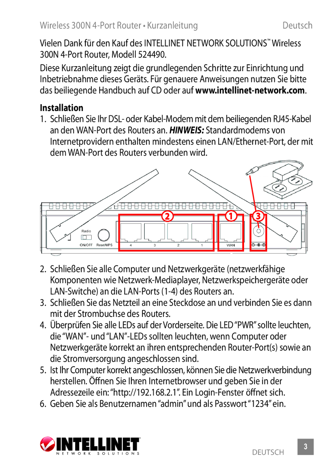 Intellinet Network Solutions Model 524490 manual Wireless 300N 4-Port Router Kurzanleitung 