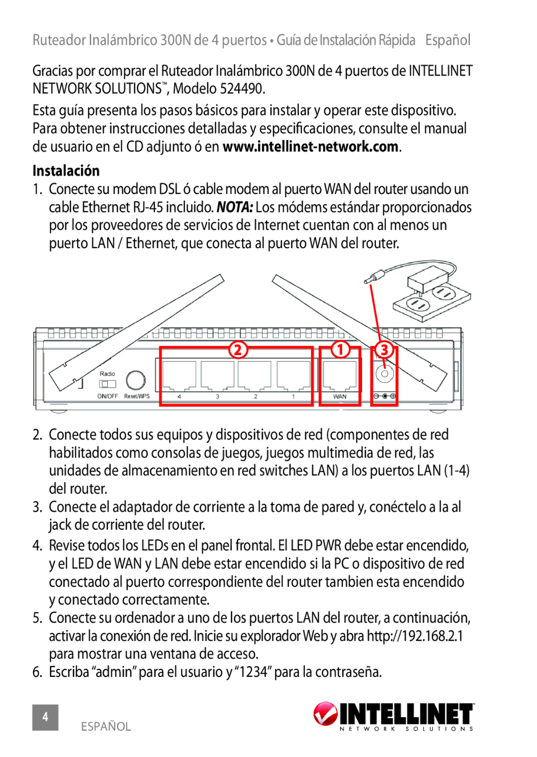 Intellinet Network Solutions Model 524490 manual Instalación, Escriba admin para el usuario y 1234 para la contraseña 