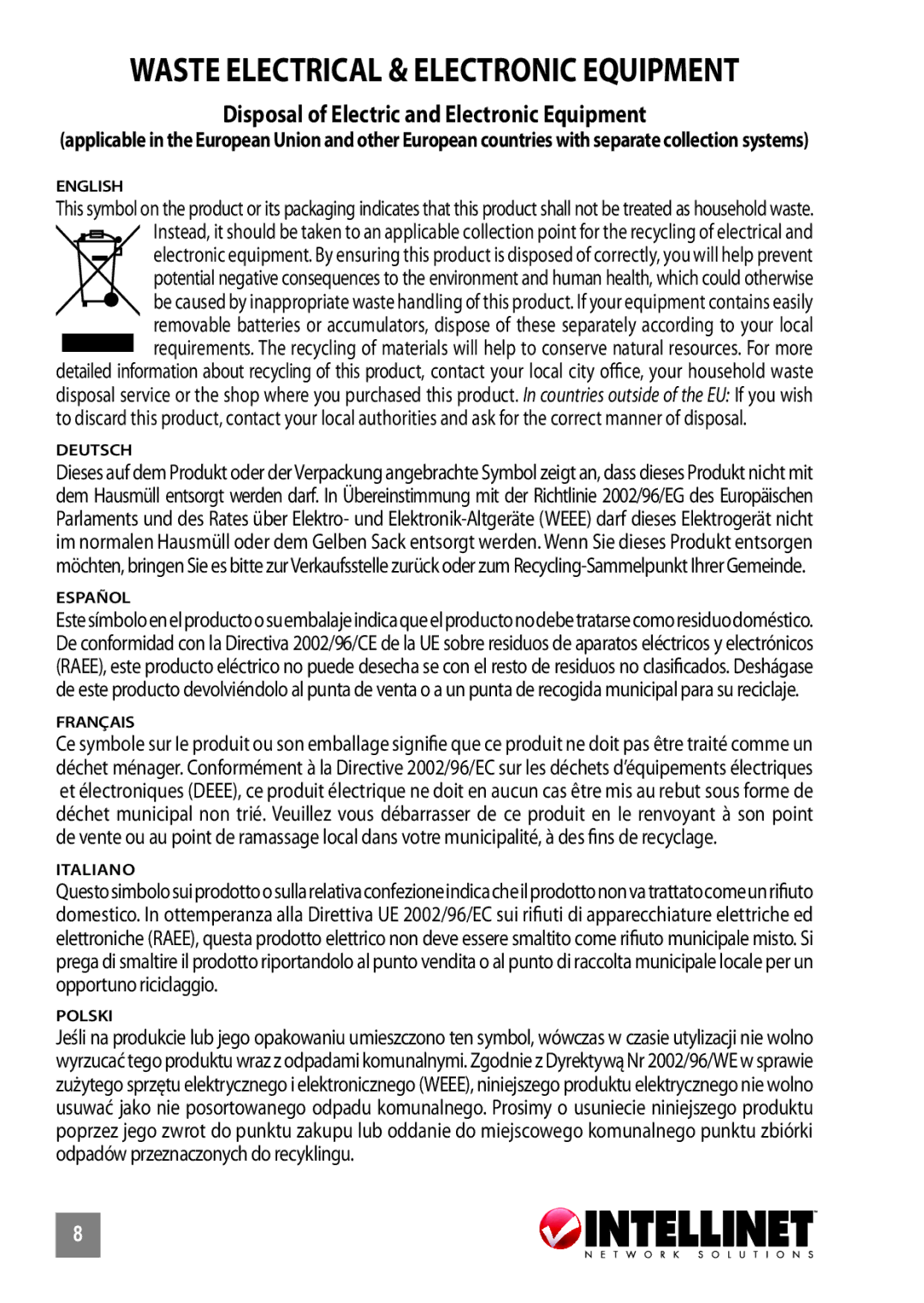 Intellinet Network Solutions Model 524490 manual Waste Electrical & Electronic Equipment 