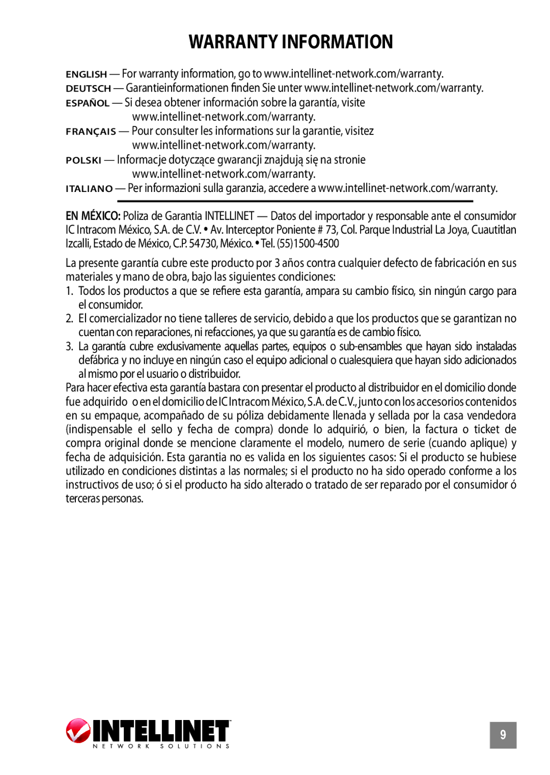 Intellinet Network Solutions Model 524490 manual Warranty Information 