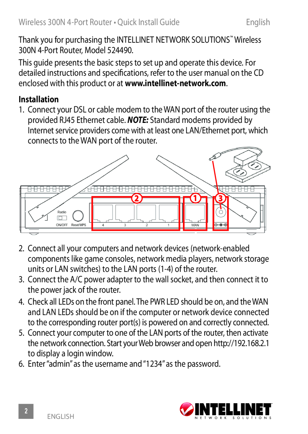 Intellinet Network Solutions Model 524490 manual Wireless 300N 4-Port Router Quick Install Guide, Installation 