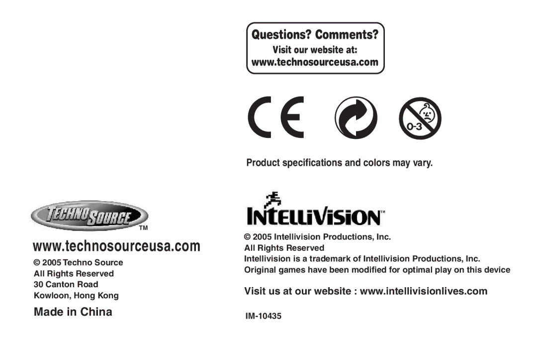 Intellivision Productions X2 manual Questions? Comments? 