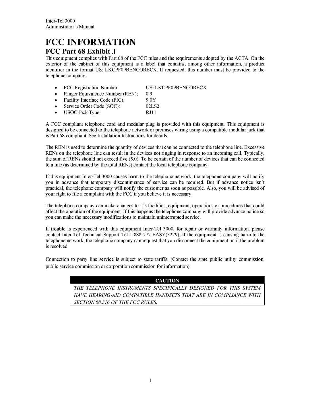 Inter-Tel 3000 manual FCC Information, FCC Part 68 Exhibit J 