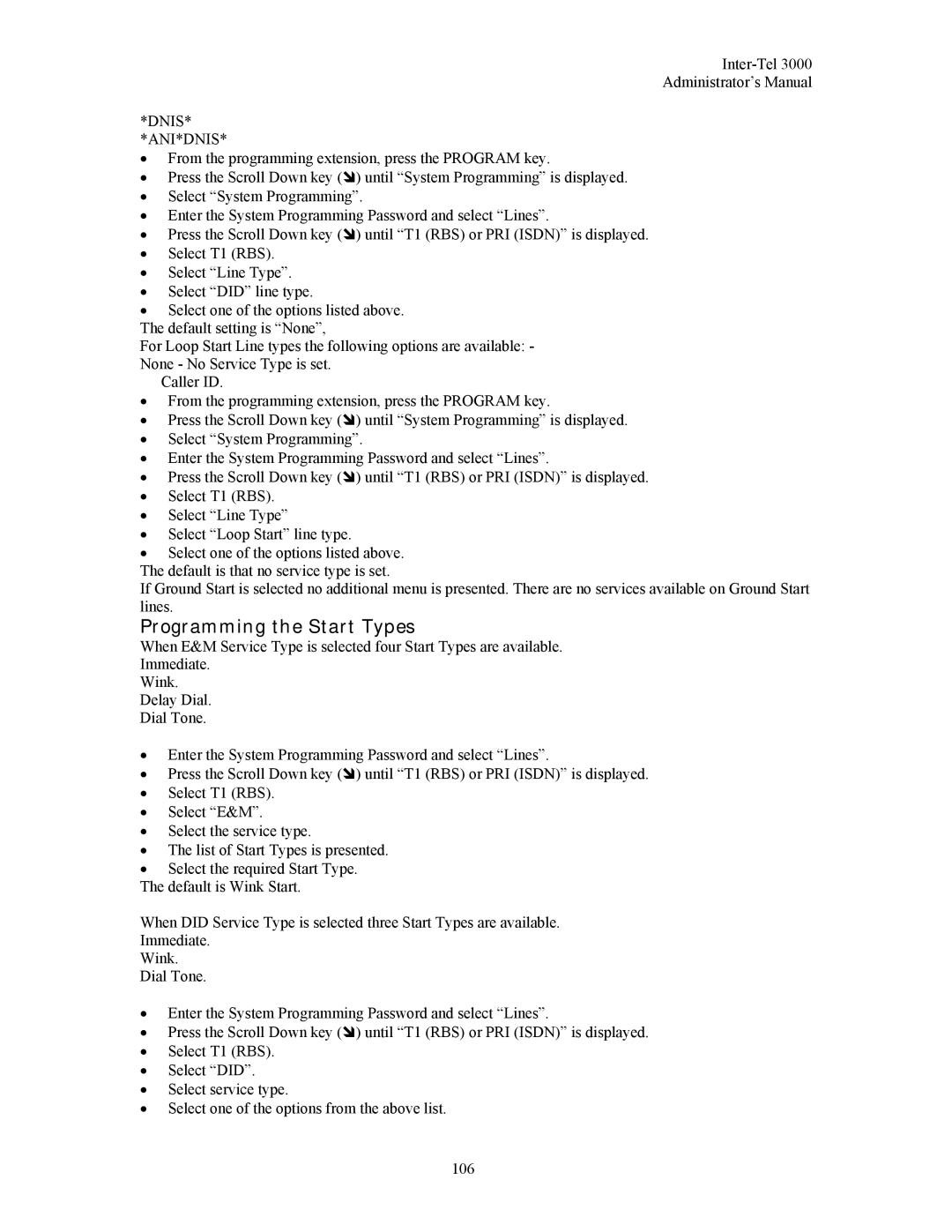 Inter-Tel 3000 manual Programming the Start Types 