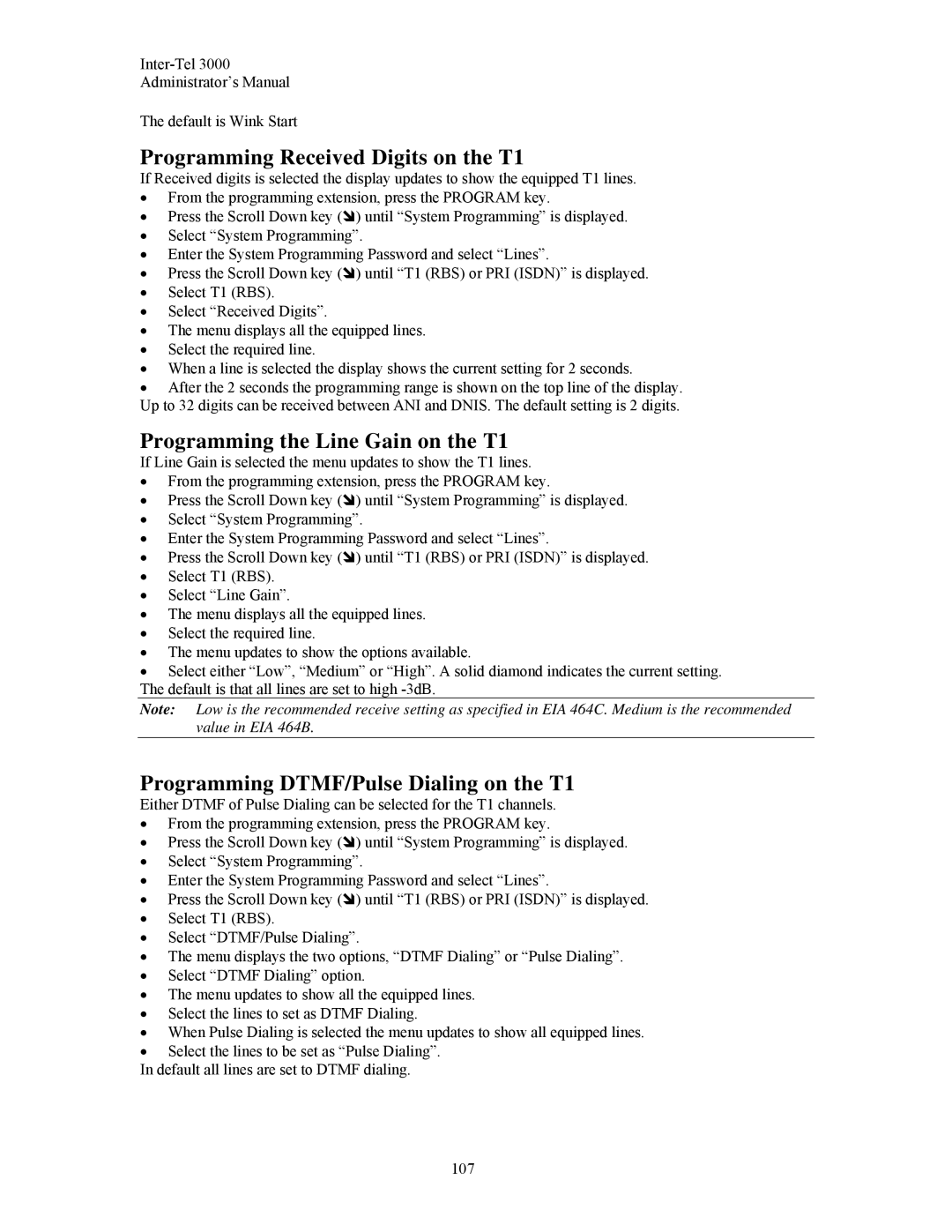 Inter-Tel 3000 manual Programming Received Digits on the T1, Programming the Line Gain on the T1 