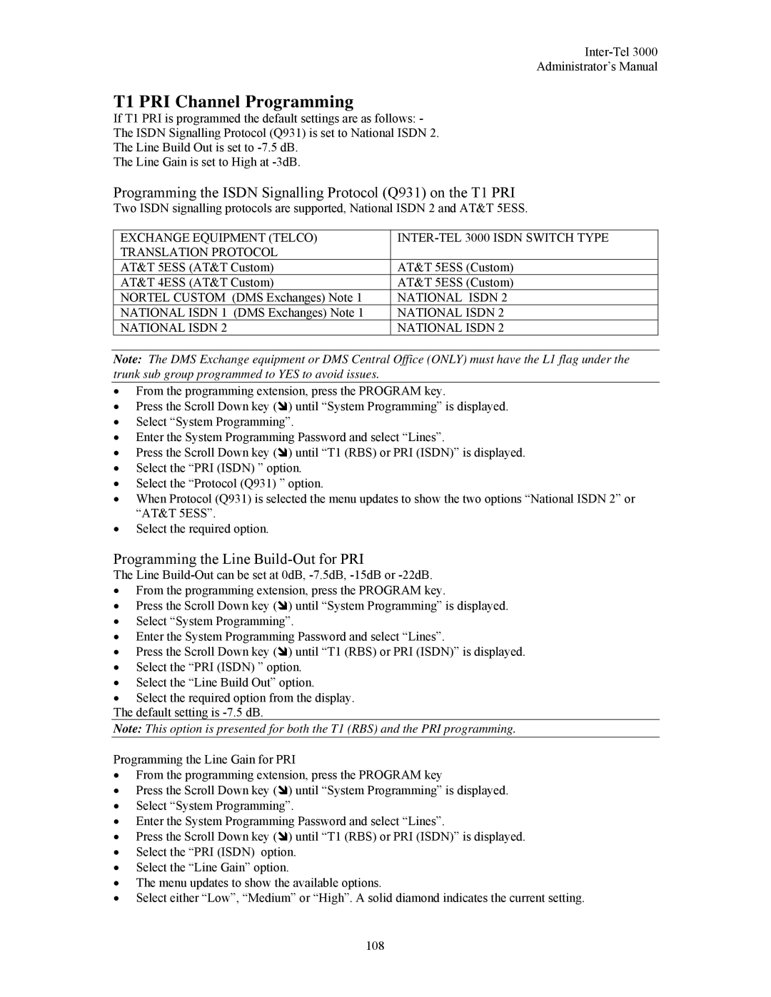 Inter-Tel 3000 manual T1 PRI Channel Programming, Programming the Isdn Signalling Protocol Q931 on the T1 PRI 