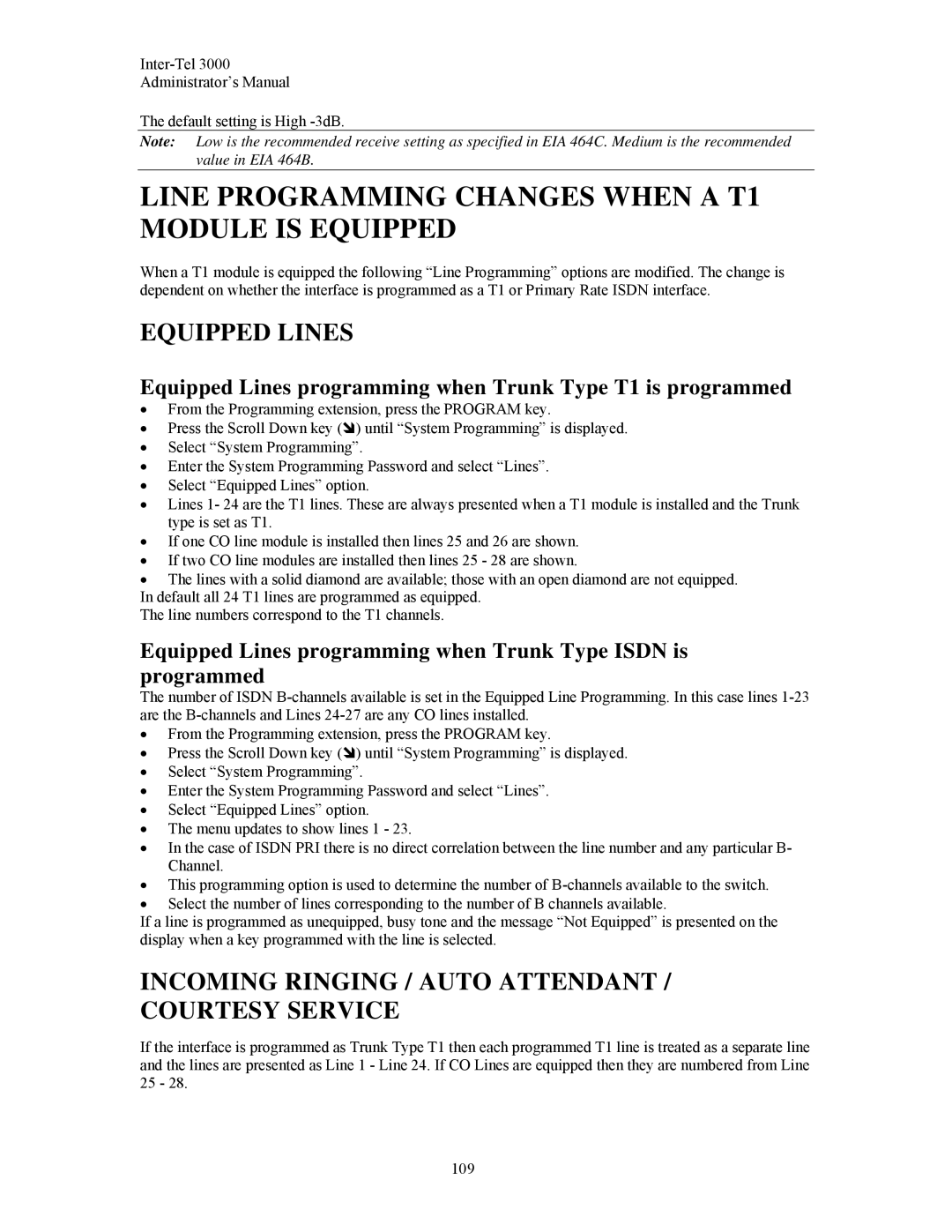 Inter-Tel 3000 manual Line Programming Changes When a T1 Module is Equipped, Equipped Lines 