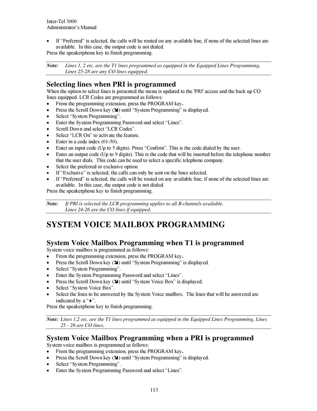 Inter-Tel 3000 manual System Voice Mailbox Programming, Selecting lines when PRI is programmed 