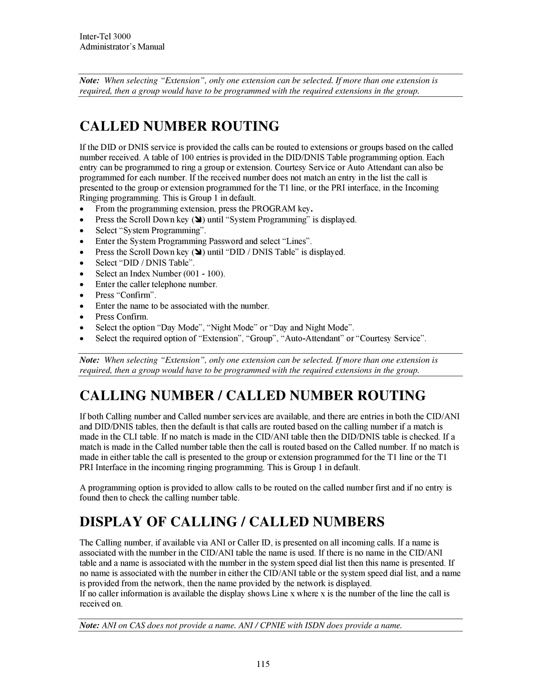 Inter-Tel 3000 manual Calling Number / Called Number Routing, Display of Calling / Called Numbers 