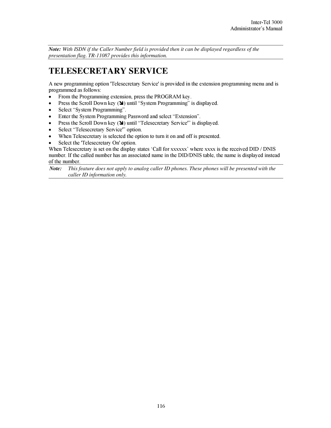 Inter-Tel 3000 manual Telesecretary Service 