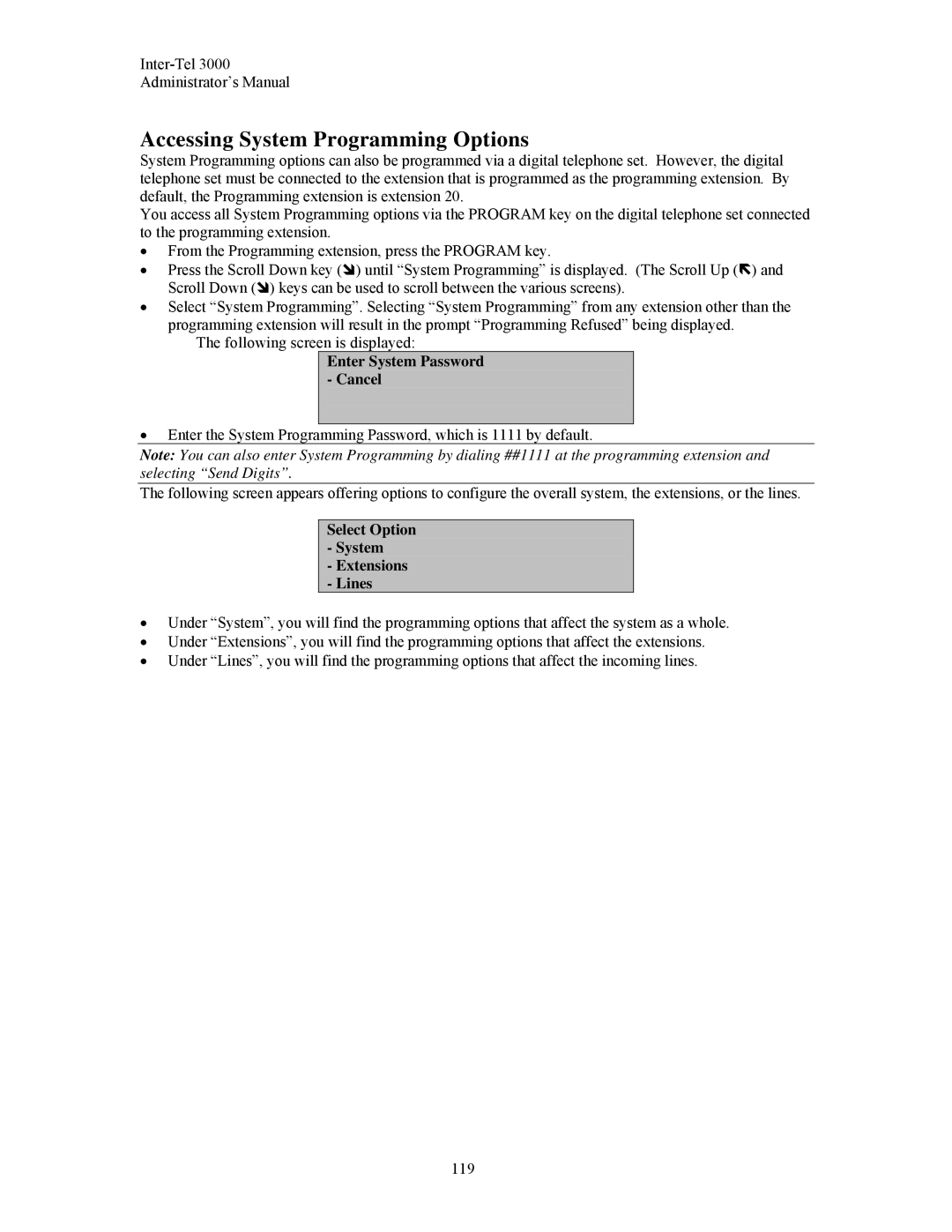 Inter-Tel 3000 manual Accessing System Programming Options, Enter System Password Cancel 