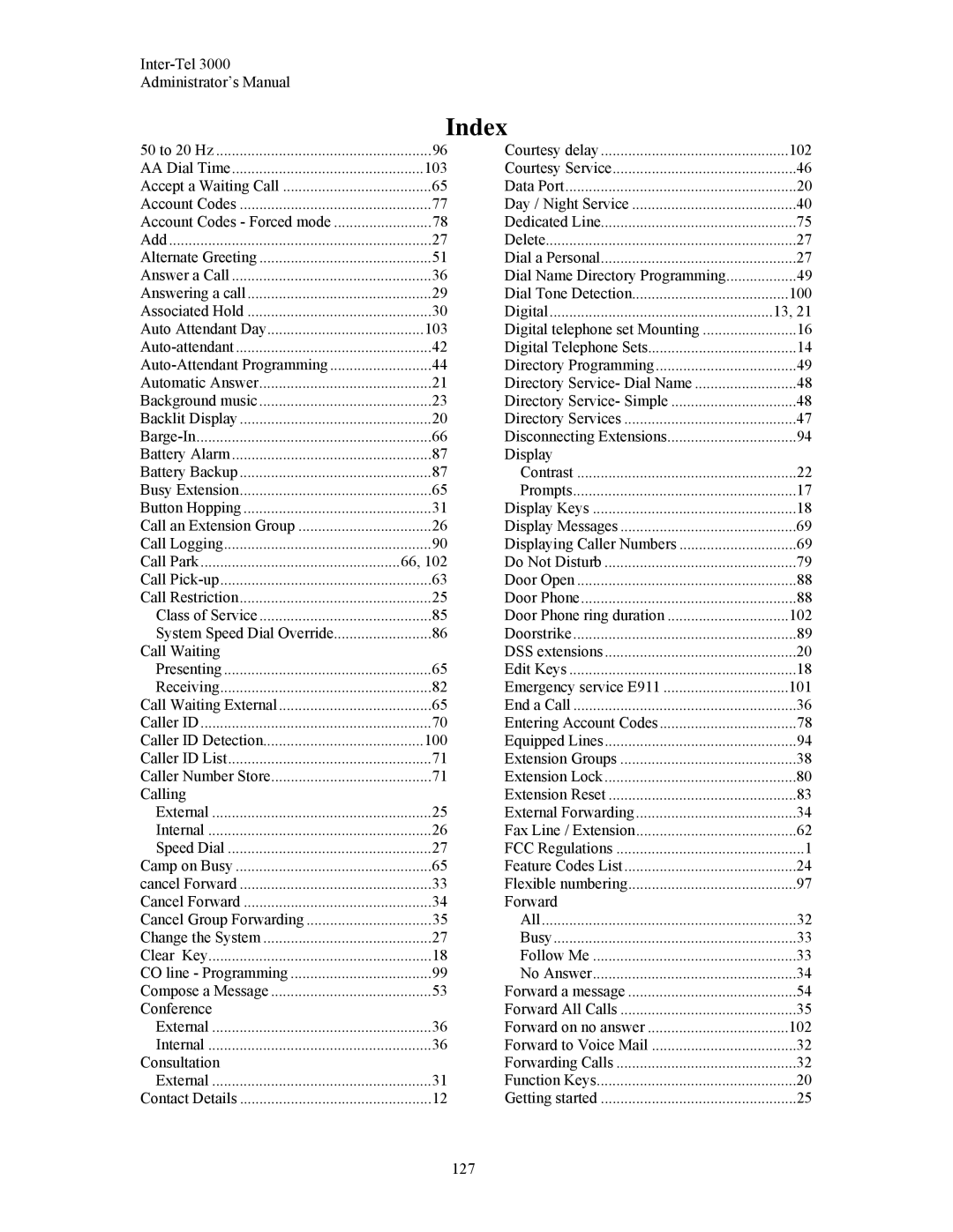 Inter-Tel 3000 manual Index 