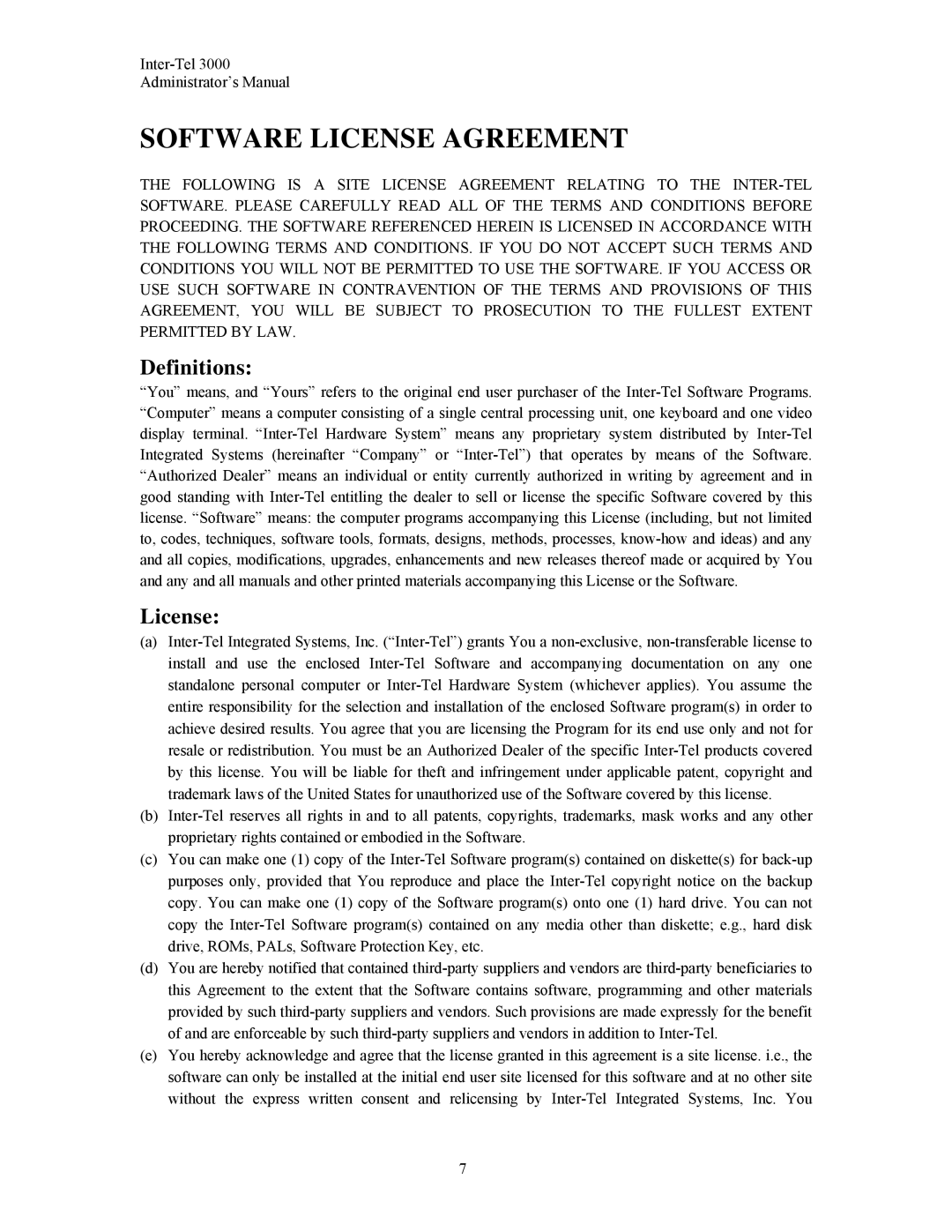 Inter-Tel 3000 manual Software License Agreement, Definitions 