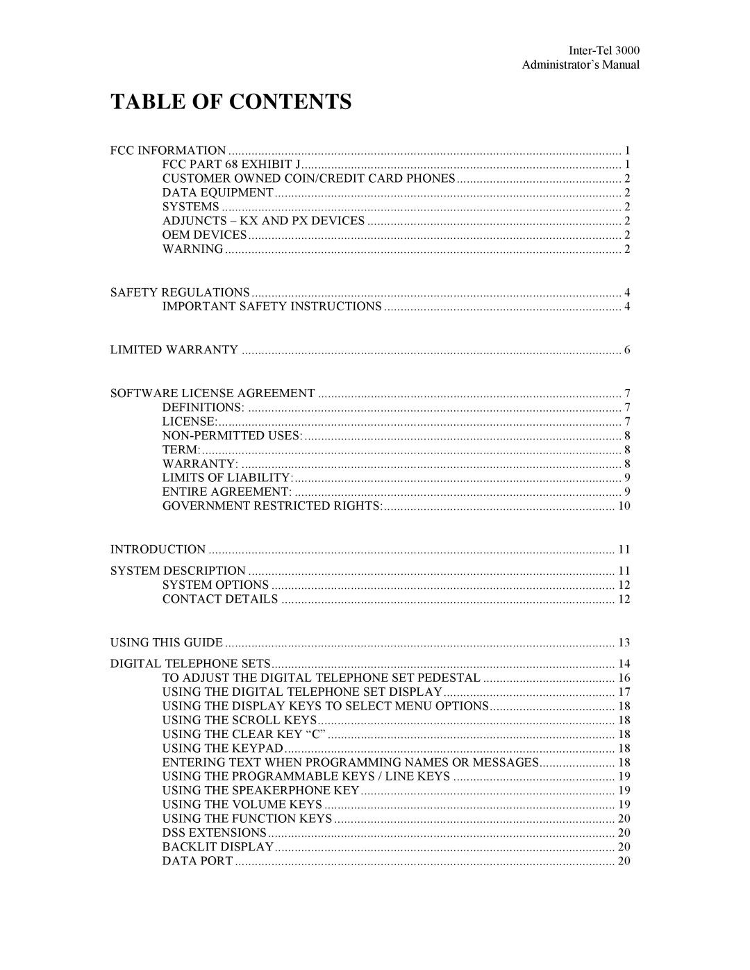 Inter-Tel 3000 manual Table of Contents 