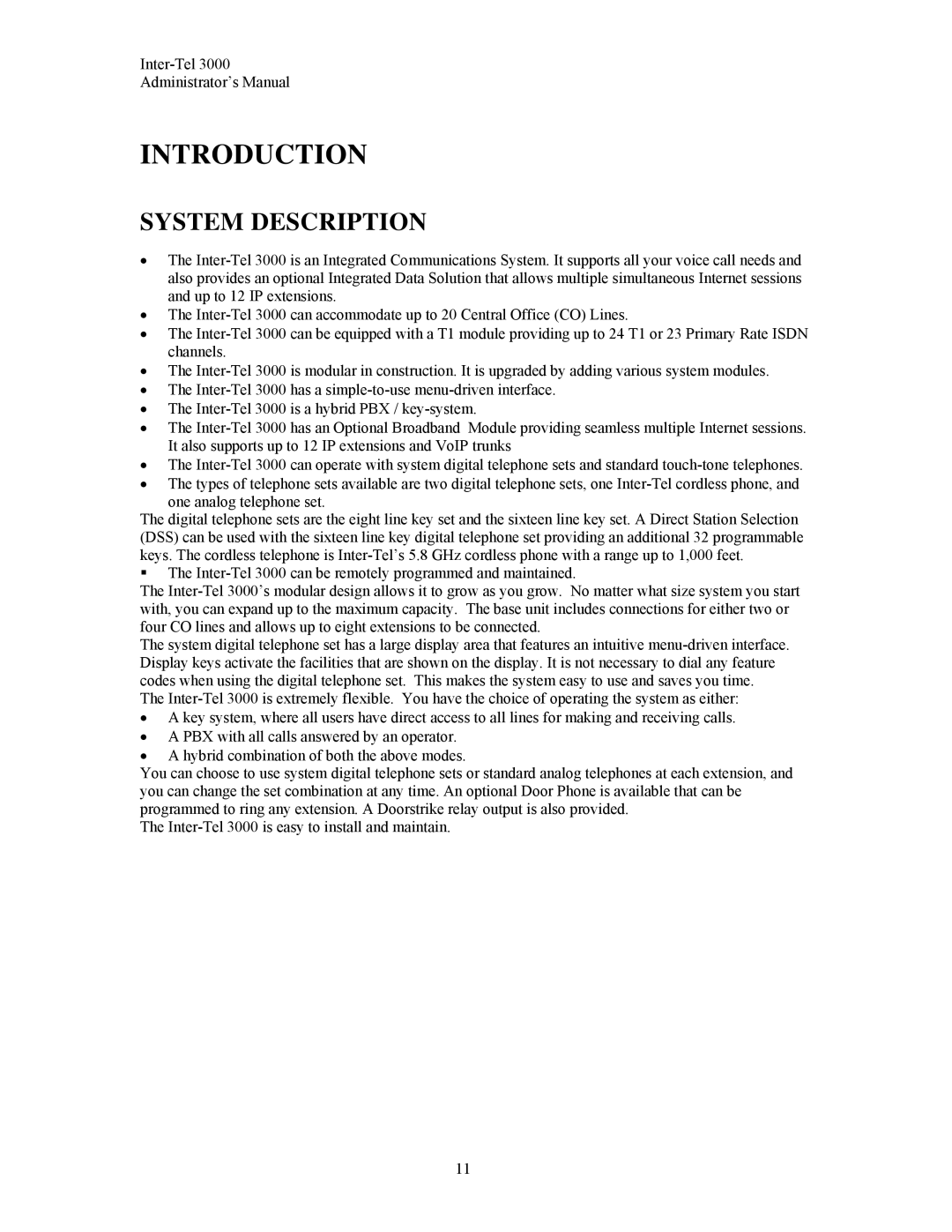 Inter-Tel 3000 manual Introduction, System Description 