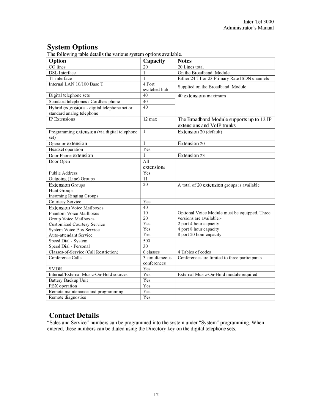 Inter-Tel 3000 manual System Options, Contact Details 