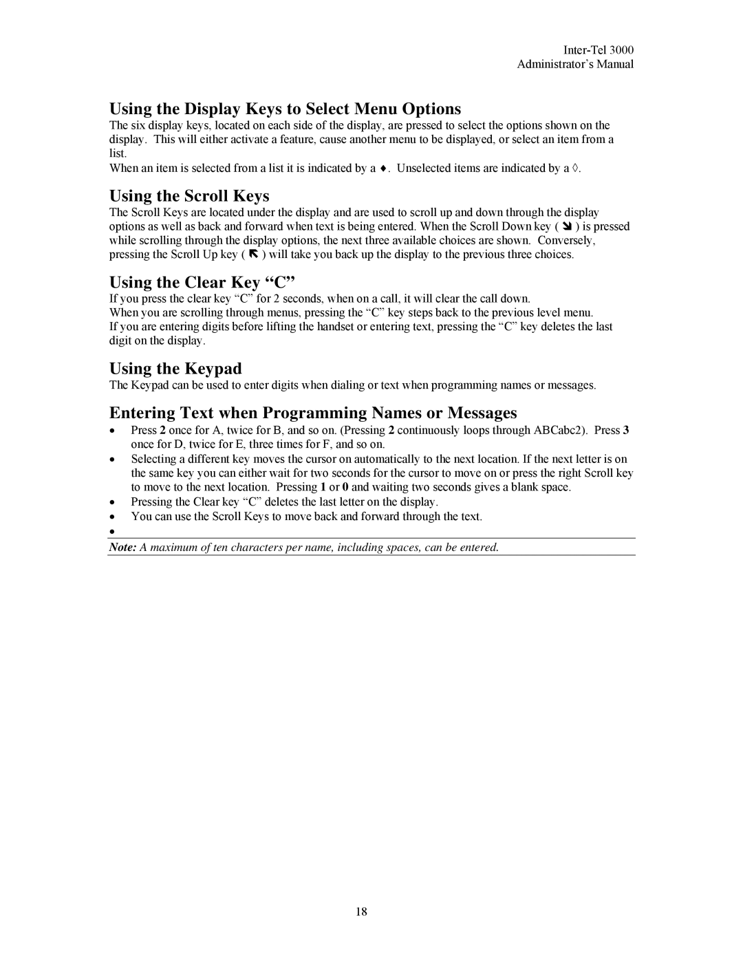 Inter-Tel 3000 manual Using the Display Keys to Select Menu Options, Using the Scroll Keys, Using the Clear Key C 