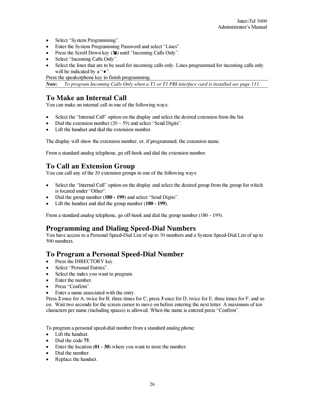 Inter-Tel 3000 manual To Make an Internal Call, To Call an Extension Group, Programming and Dialing Speed-Dial Numbers 