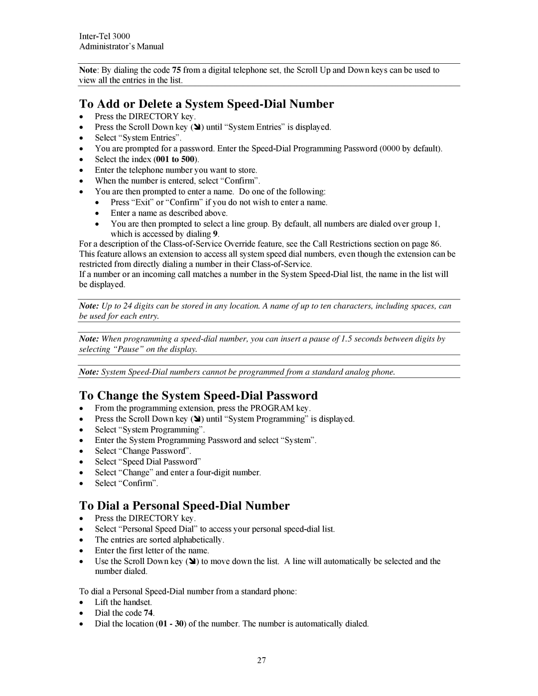 Inter-Tel 3000 manual To Add or Delete a System Speed-Dial Number, To Change the System Speed-Dial Password 