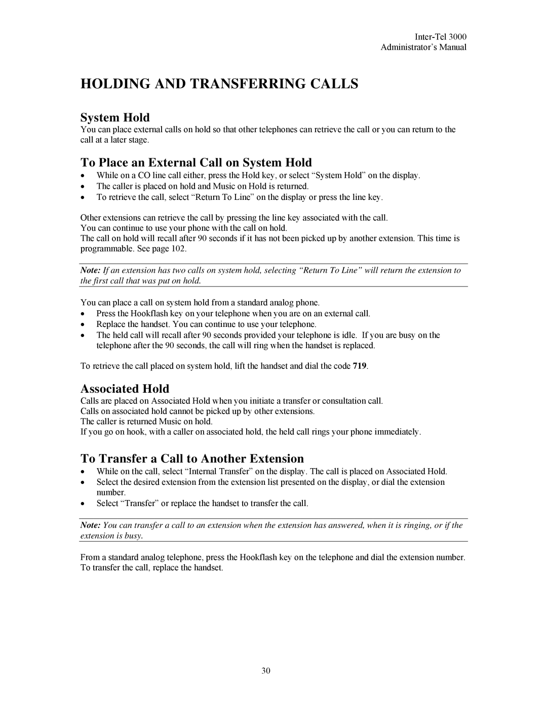 Inter-Tel 3000 manual Holding and Transferring Calls, To Place an External Call on System Hold, Associated Hold 